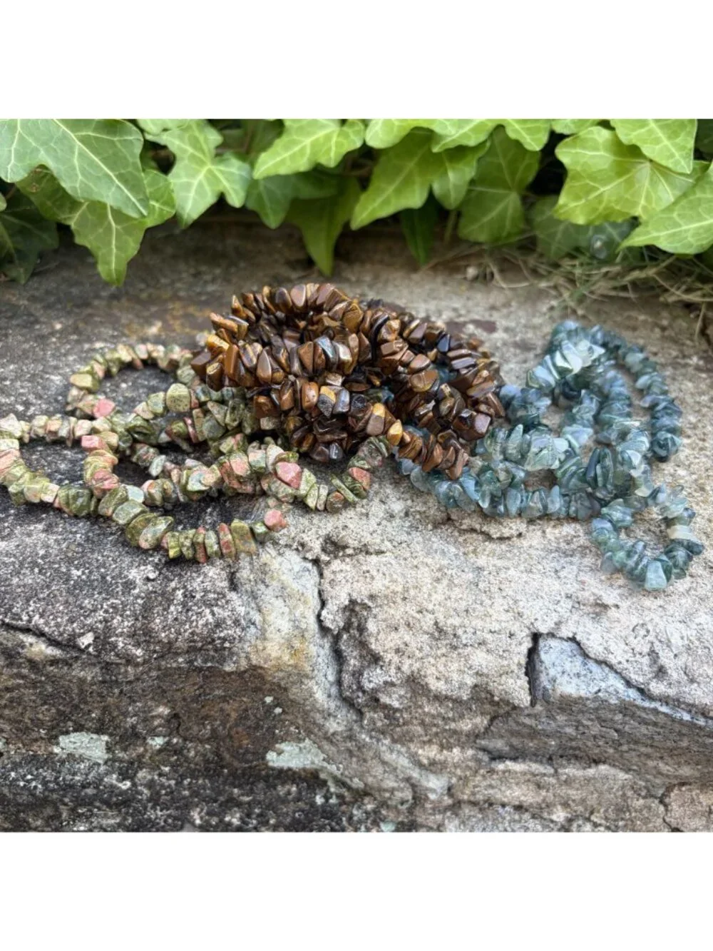 Boho Natural Stone Chip Necklace Bundle Tiger's Eye Unakite Moss Agate Long 32